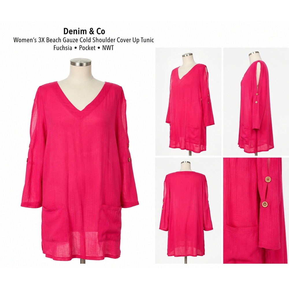 Denim & Co Womens 3X Beach Gauze Cold Shoulder‎ Cover Up Tunic Fuchsia NWT